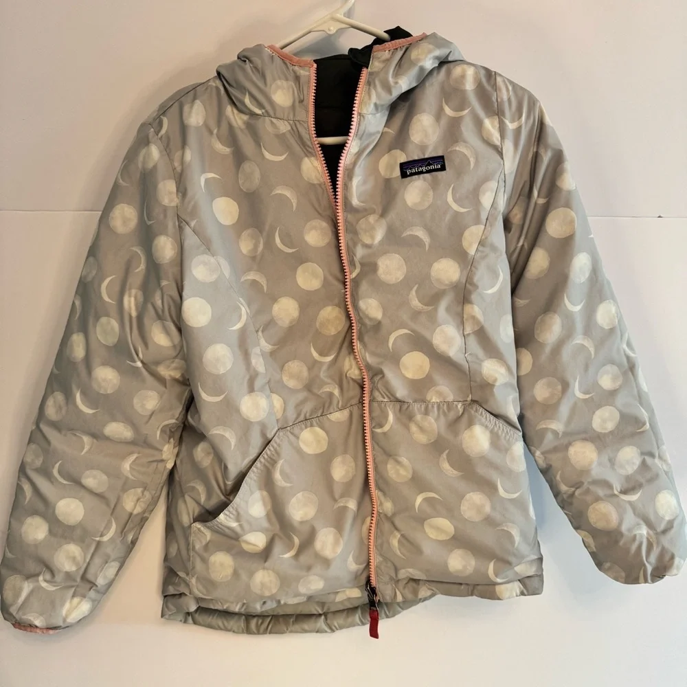 Patagonia Reversible Puffer Jacket Kids XL 14 Gray Colorblock Moon Polka Dot